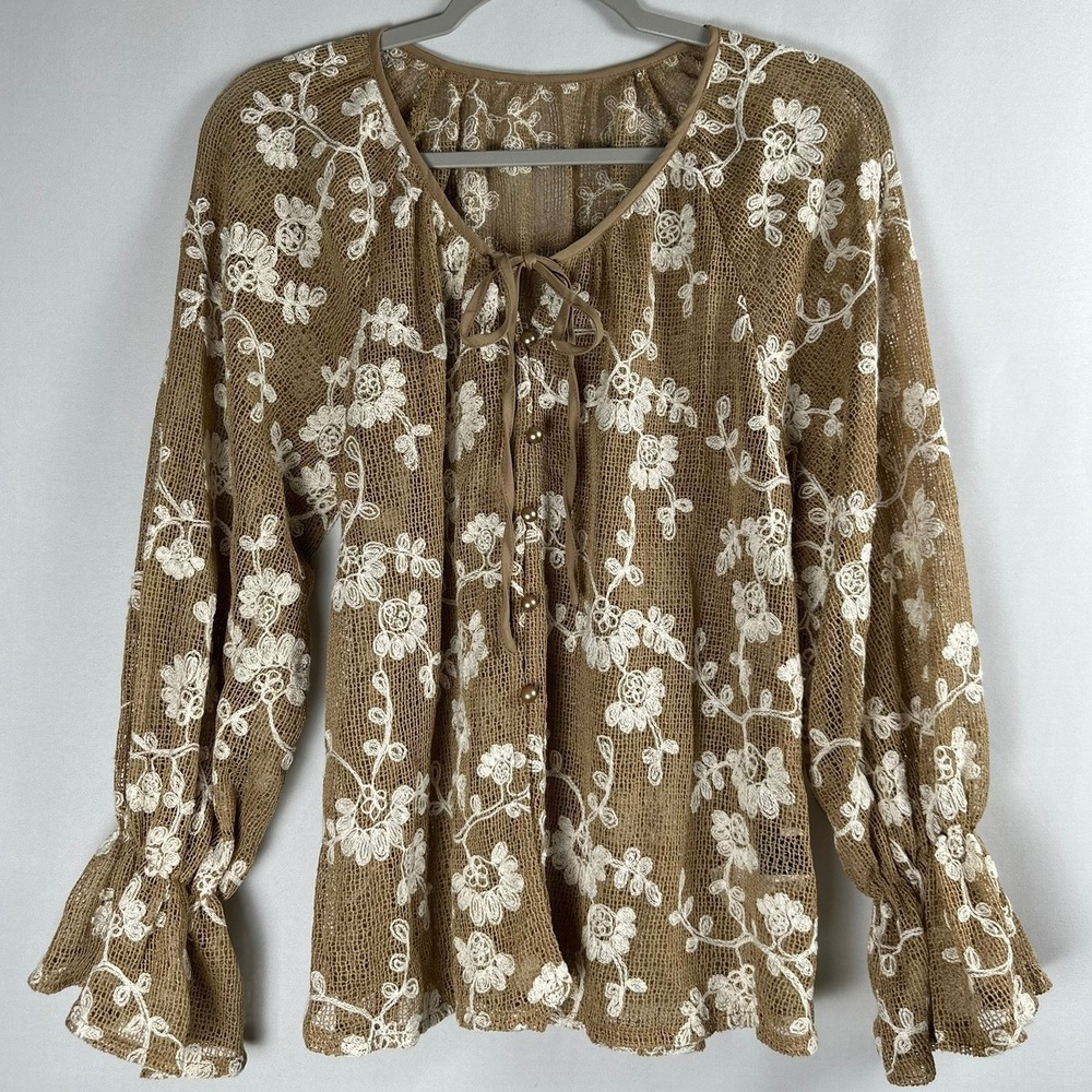 SHEIN Blouse Womens Medium Brown Floral Embroidered Mesh Boho Cottagecore